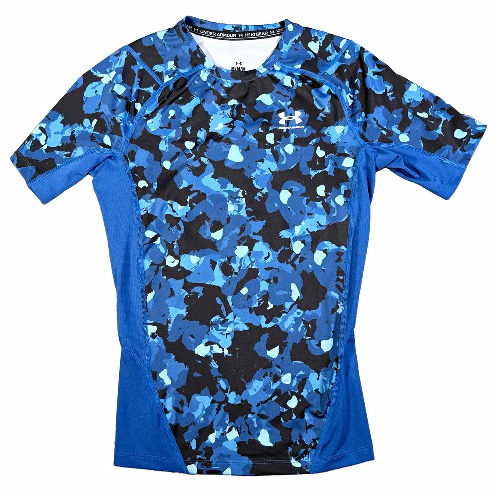 Under Armour Mens Medium M HeatGear Compression Shirt Blue Camo Base Layer Gym